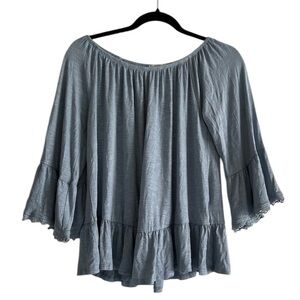 Style & Co Blue Fog Tiered Hem 3/4 Sleeve Bell Flare Top